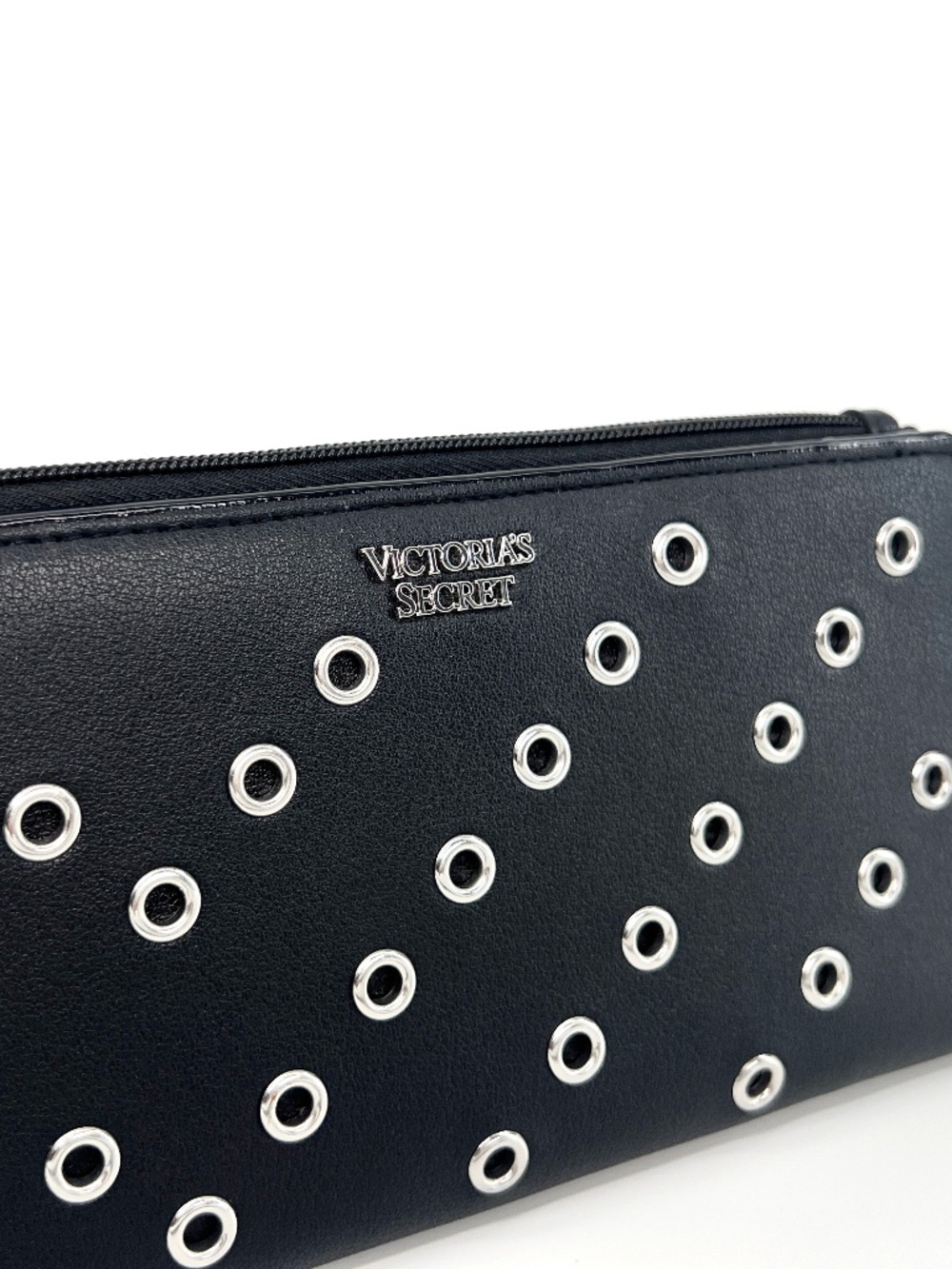 Victoria's Secret Black Rows of Silver Eyelets Stud Faux Leather Wristlet Wallet - Picture 2 of 4